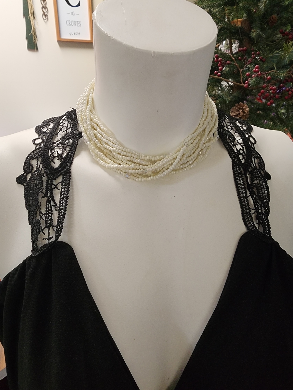 Vintage Multi-Strand Ivory Faux Pearl And AB Beaded Choker Necklace Formal